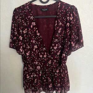 Madewell Floral V-Neck Top - Pink and Black